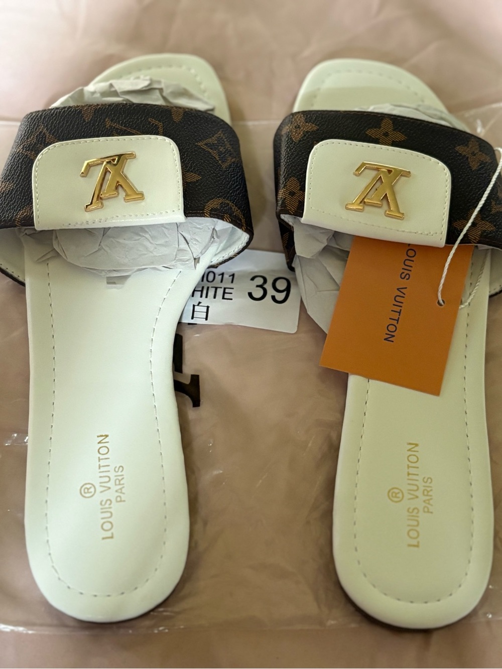 Louis Vuitton White & Brown Monogram Slide Sandals with Gold LV Logo